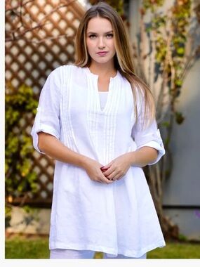 Dolma 100% Linen Pintucked Tunic with roll up sleeves. Coastal. Beach. EUC. XL